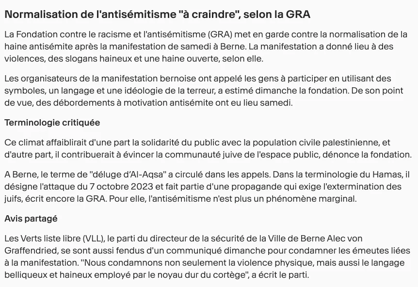 manifestation pro palestinienne à Berne violence et dégâts matériels