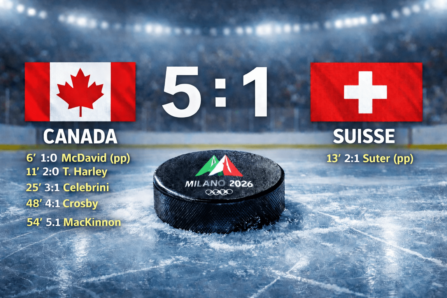 score du match CAnada - Suisse 5:1 JO 2026 Milan