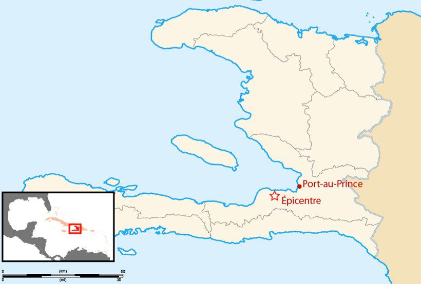 carte-epicentre CArte du pays avec la localisation de l'epicentre qui se trouvait à 10 km de profondeur
