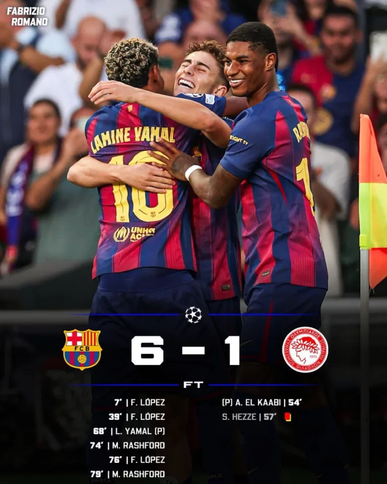 LdC: Barça –  Olympiacos 6:1 triplé de Lopez