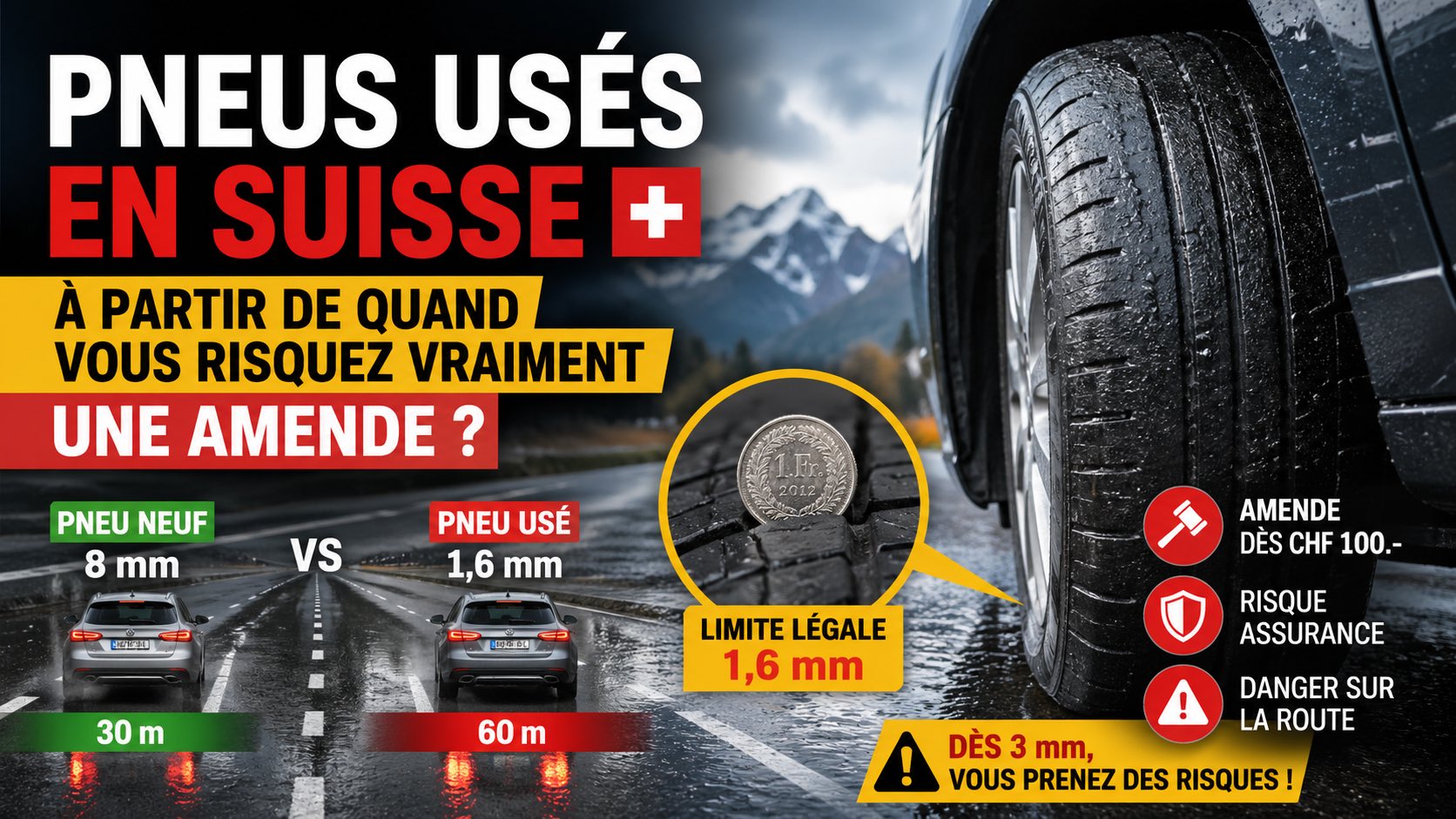 Pneus usés en Suisse : limite légale, risques réels,
