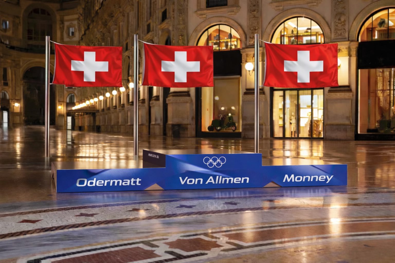 podium JO 2026 triplé suisse odermatt von allmen monney