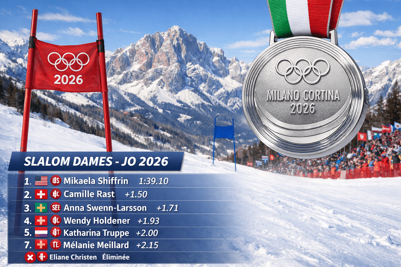 médaille d'argent slalom JO 2026 pour CAmille Rast derrière Shiffrin
