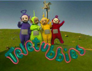 Teletubbies de gauche à droite: Tinky Winky, Dipsy, Lala, Pô